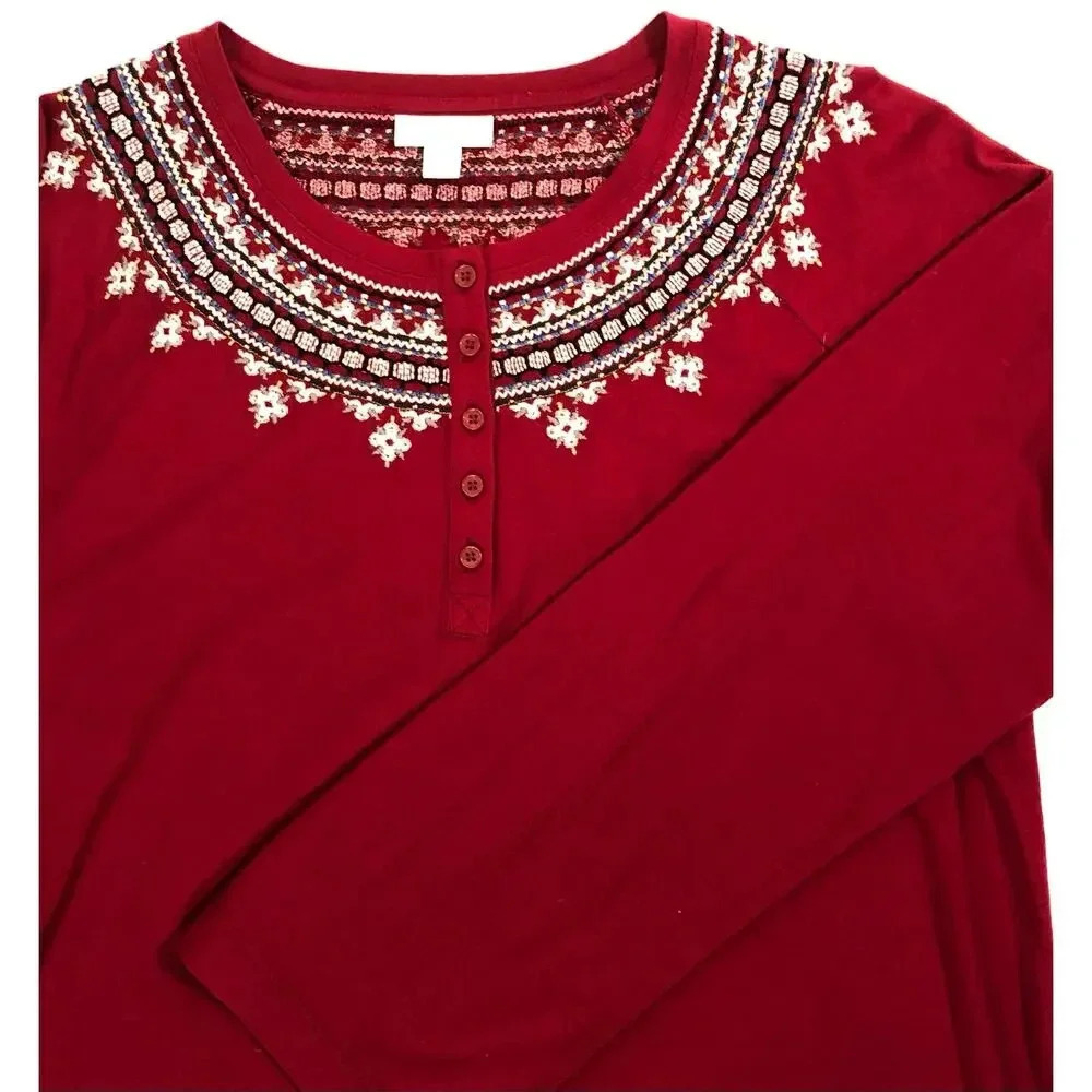J. Jill Embroidered Christmas Top Long Sleeve Relaxed Fit Festive Size M